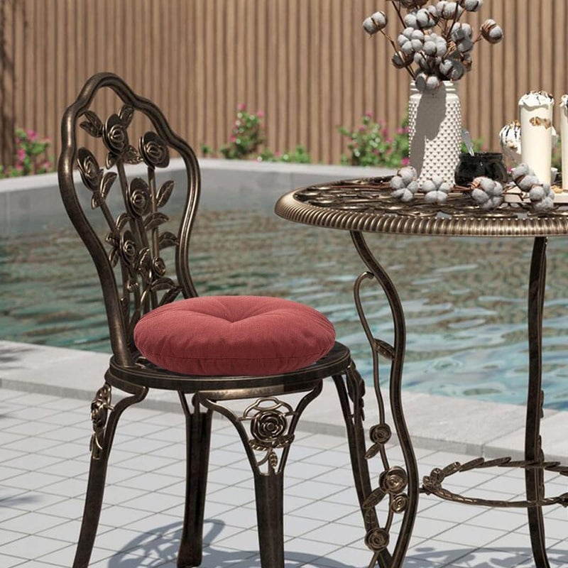 FUNHOME Bistro Chair Cushions 15 inch,Set of 2,Tufted Round Chair Cushions with Ties,15"x15"x4",Water Resistant Round Seat Cushion for Barstool Chairs,Patio Garden Kitchen Outdoor Furniture(Dark Red) - Image 3