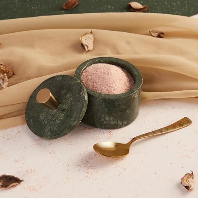 Queenza Marble Salt Cellar with Lid and Brass Knob (Green) - Image 5