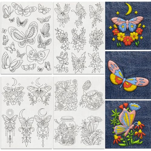 DOODLREAM 36Pcs Butterfly 4 Sheets Water Soluble Embroidery Pattern Stabilizers, Stick and Stitch Embroidery Stickers, Hand Sewing DIY Butterfly Embroidery Papers - Image 1