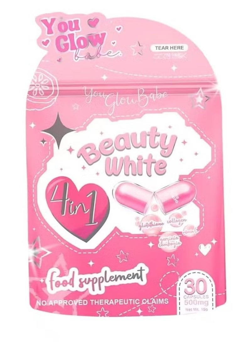جلو بيوتي وايت مكمل غذائي 4 في 1 مع الجلوتاثيون والكولاجين المتحلل والفيتامينات – 30 كبسولة - Image 1