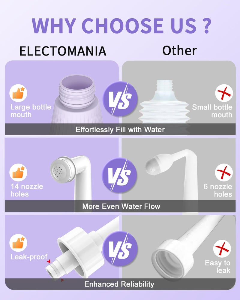 Electomania رشاش jet محمول للسفر، رشاش bidet محمول للمرحاض، رشاش bidet محمول مع حقيبة تخزين للنظافة الشخصية، رعاية ما بعد الولادة، علاج البواسير، غسل الأطفال (بنفسجي، 500 مل) - Image 4
