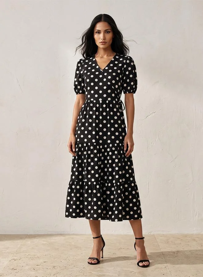 Splash FAV Fav Tiered Midi Dress with Polka Dot Print