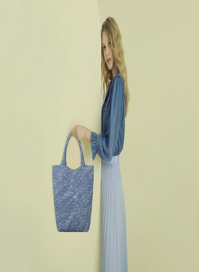 Queenoris Woven Bag for Women, Vegan Leather Tote Bag Large Summer Beach Travel Handbag and Purse Retro Handmade Shoulder Bag (DenimBlue) - Image 2