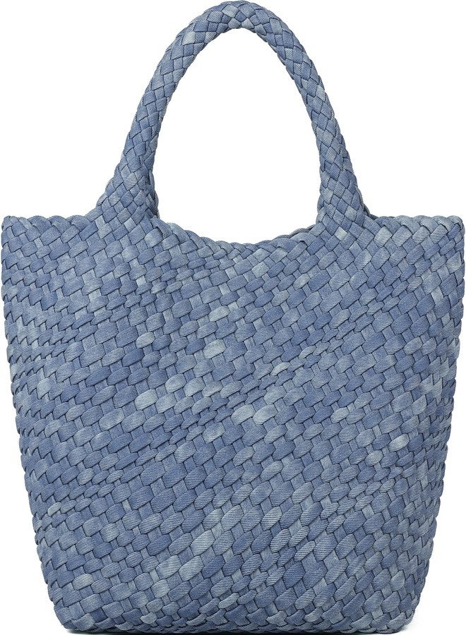 Queenoris Woven Bag for Women, Vegan Leather Tote Bag Large Summer Beach Travel Handbag and Purse Retro Handmade Shoulder Bag (DenimBlue) - Image 1
