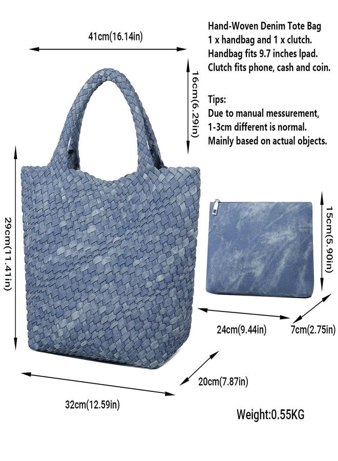 Queenoris Woven Bag for Women, Vegan Leather Tote Bag Large Summer Beach Travel Handbag and Purse Retro Handmade Shoulder Bag (DenimBlue) - Image 3