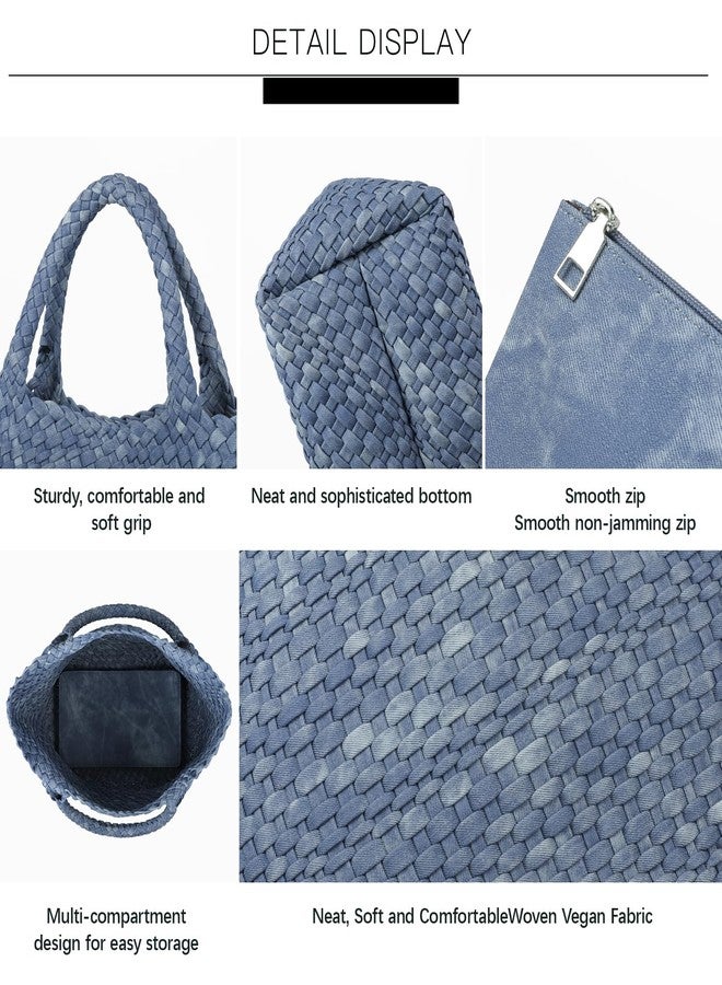 Queenoris Woven Bag for Women, Vegan Leather Tote Bag Large Summer Beach Travel Handbag and Purse Retro Handmade Shoulder Bag (DenimBlue) - Image 5