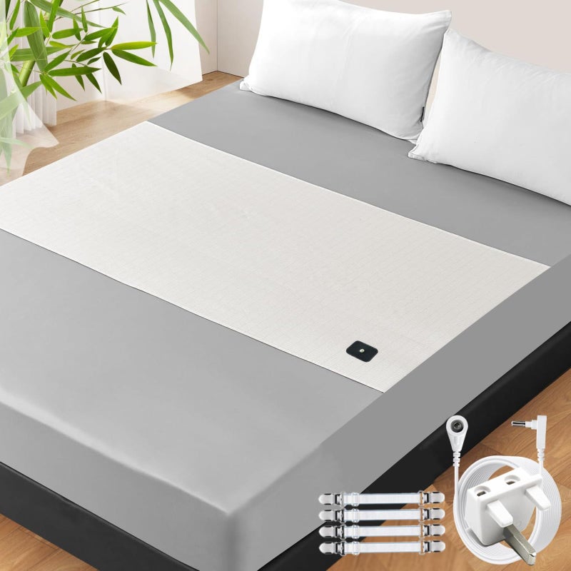 ورقة تأريض RIQINXIN حصيرة تأريض تأريض المملكة المتحدة أغطية سرير موصلة ورقة سرير مع 10 ألياف فضية 90 قطن عضوي 68x132 سم علاج النوم كابل بطول 15 قدم متضمن