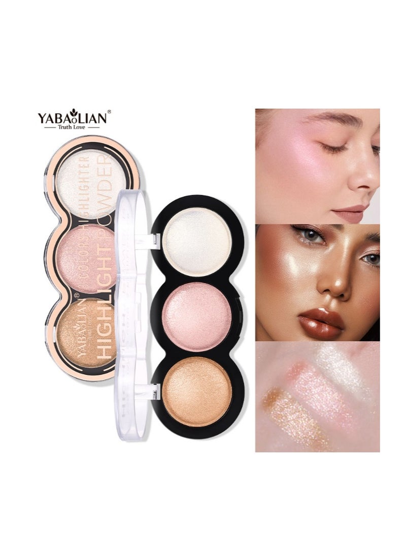 Yabaolian - 3 Color Glitter Highlighter Powder Palette,3 in 1 Blush and Highlighter Powder Makeup,Waterproof Long Lasting,Highly Pigmented Face Illuminator for a Glowing Look Color Number 2 - Image 1