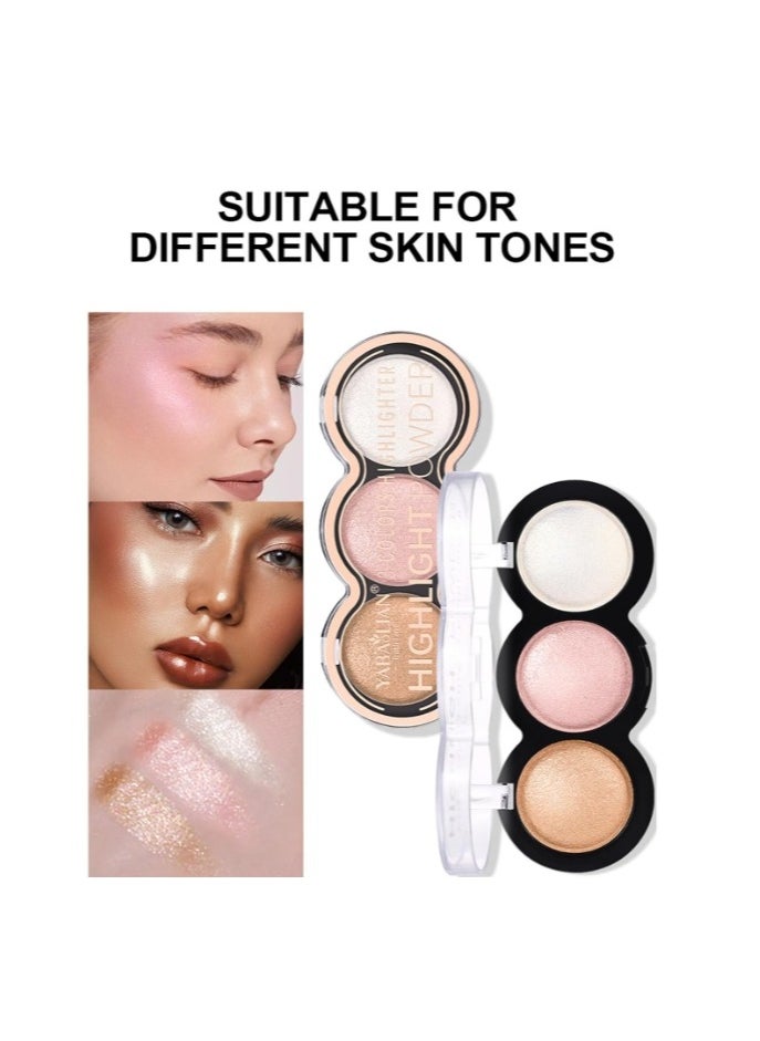 Yabaolian - 3 Color Glitter Highlighter Powder Palette,3 in 1 Blush and Highlighter Powder Makeup,Waterproof Long Lasting,Highly Pigmented Face Illuminator for a Glowing Look Color Number 2 - Image 1