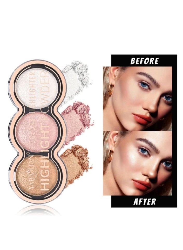 Yabaolian - 3 Color Glitter Highlighter Powder Palette,3 in 1 Blush and Highlighter Powder Makeup,Waterproof Long Lasting,Highly Pigmented Face Illuminator for a Glowing Look Color Number 2 - Image 1