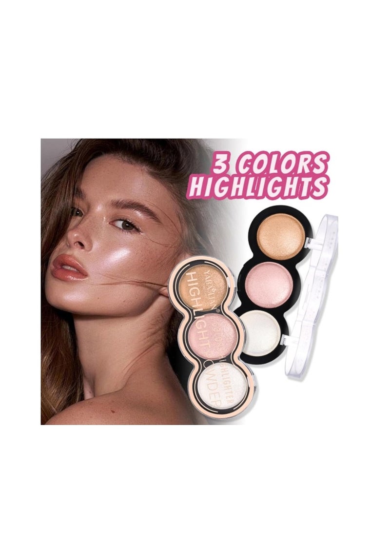Yabaolian - 3 Color Glitter Highlighter Powder Palette,3 in 1 Blush and Highlighter Powder Makeup,Waterproof Long Lasting,Highly Pigmented Face Illuminator for a Glowing Look Color Number 2 - Image 1