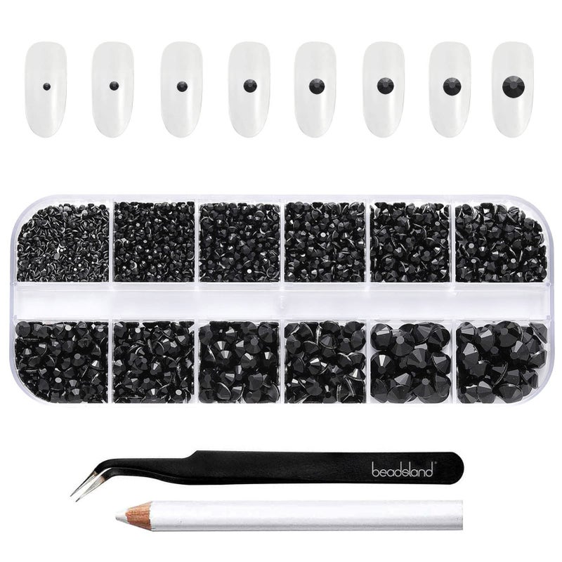 Beadsland Rhinestones for Makeup8 Sizes 2500pcs Black Flatback Rhinestones Face Gems for Nails Crafts with Tweezers and Wax PencilBlackSS4SS30