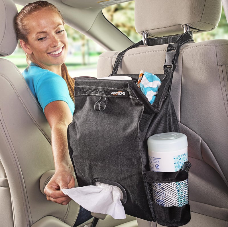 High Road Car Back Seat Trash Bag with Tissue Holder and Cup Holder Pockets Holds Full Size Tissue Box 2 Gal Covered Car Trash Can