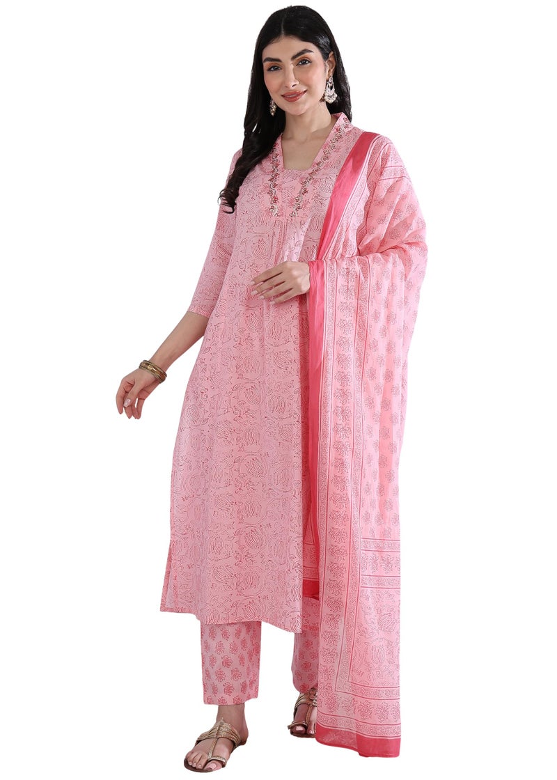 Yash Gallery Women’s Cambric Cotton Printed Straight Kurta with Pants Set (Pink,4XL) - Image 1