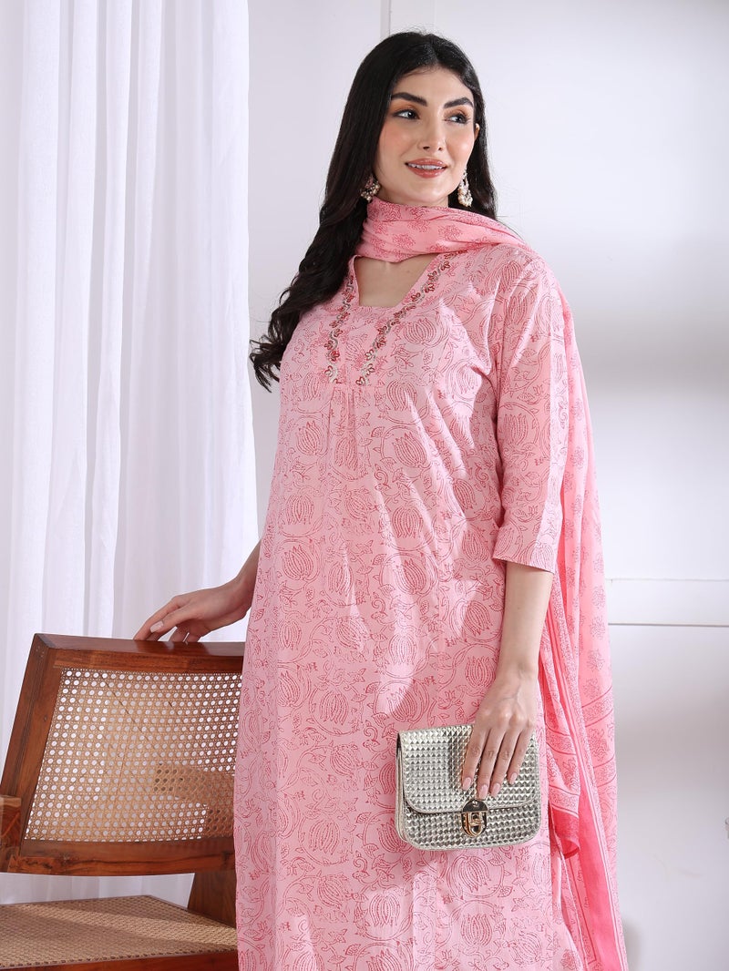 Yash Gallery Women’s Cambric Cotton Printed Straight Kurta with Pants Set (Pink,4XL) - Image 3