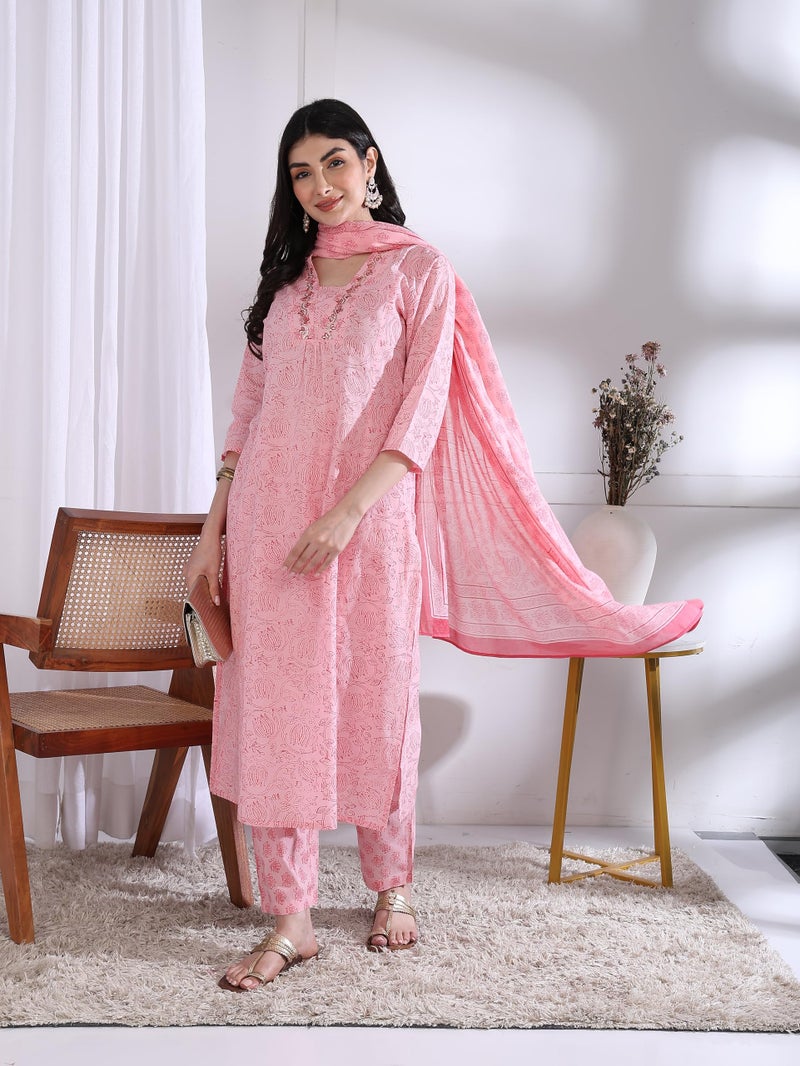 Yash Gallery Women’s Cambric Cotton Printed Straight Kurta with Pants Set (Pink,4XL) - Image 2