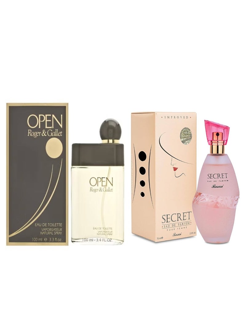 ROGER & GALLET Rasasi Secret Eau De Parfum For Women 75ml + Open Eau De Toilette For Men 100ml Combo Set – Long Lasting Fresh Fragrance Gift Pack - Image 1