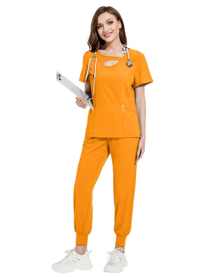 Loquat Womens Fashion Medical Uniform Scrubs 2 Piece Set Top and Jogger Pants Suit Mango Yellow - Image 1