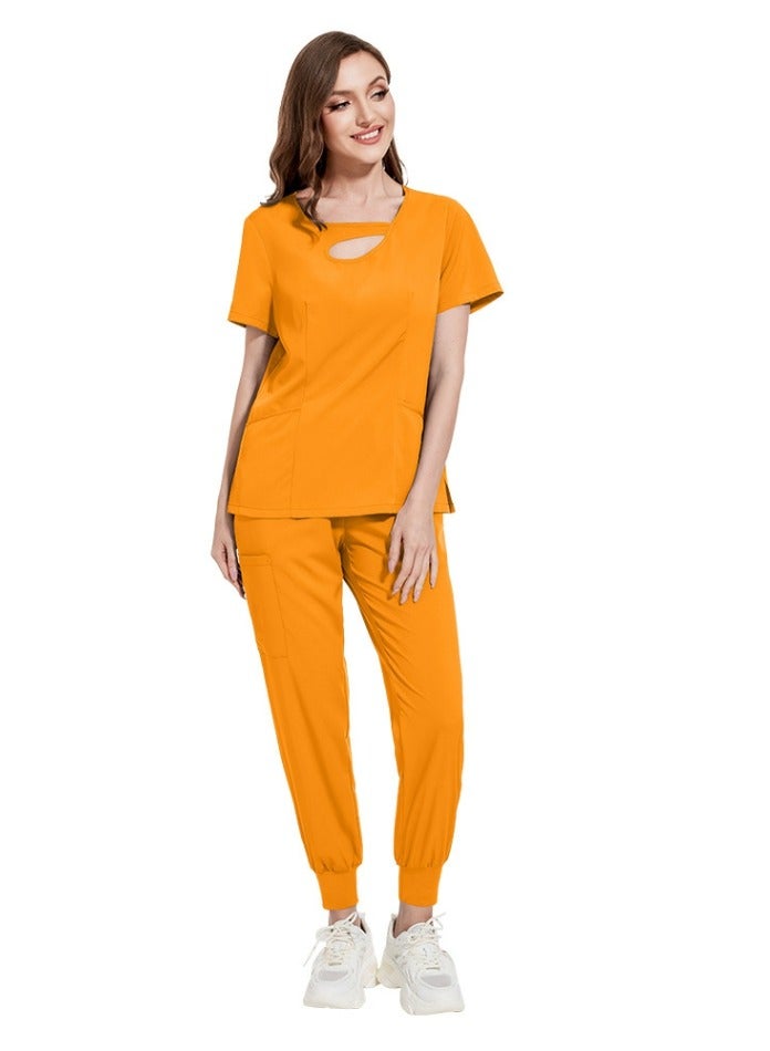 Loquat Womens Fashion Medical Uniform Scrubs 2 Piece Set Top and Jogger Pants Suit Mango Yellow - Image 2