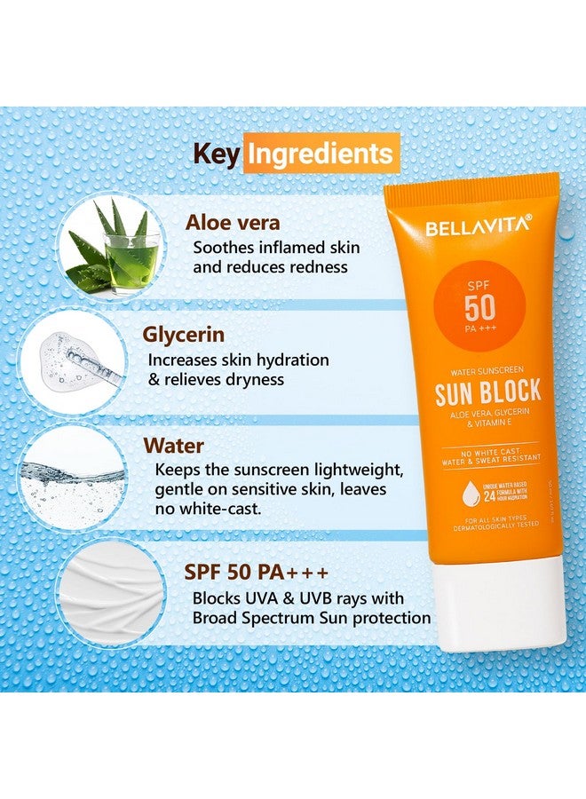 Bella Vita Organic Bellavita Water Based Hydrating Sunscreen Spf 50 Lightweight Photostable Pa+++ For All Skin Types No White Cast Non Greasy Finish Uv Protection Broad Spectrum For Men & Women 50Ml - Image 3