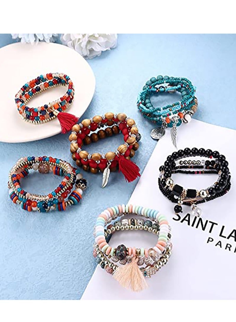 Excefore Bohemian Stackable Bead Bracelets, 6 Sets Stretch Beaded Bracelets Multi-Color Boho Jewelry for Women Multilayer Bracelet Boho - Image 2