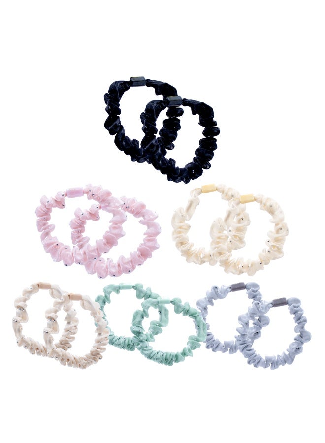 Duravel Pack of 12 Small Velvet Scrunchies with Rhinestone Details for Women Hair Accessories, Mini Thin Elastic Hair Ties (Mix colors) - Image 1