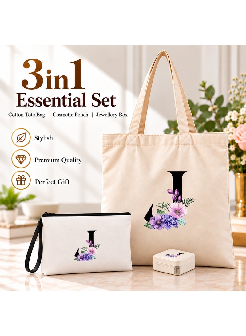 PRINTSHOP4ME Alphabet Floral Initial Gift Combo | 3 in 1 Tote Bag | Pouch | Jewellery Box Set - Image 2