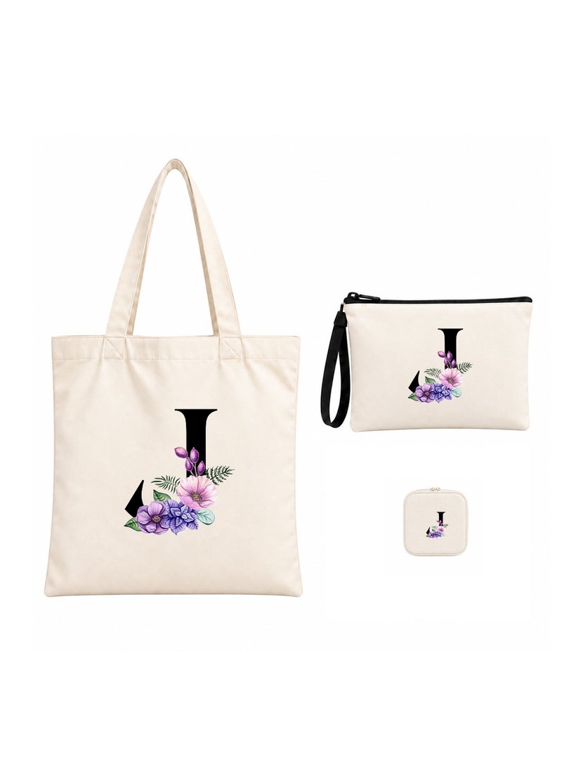 PRINTSHOP4ME Alphabet Floral Initial Gift Combo | 3 in 1 Tote Bag | Pouch | Jewellery Box Set - Image 1