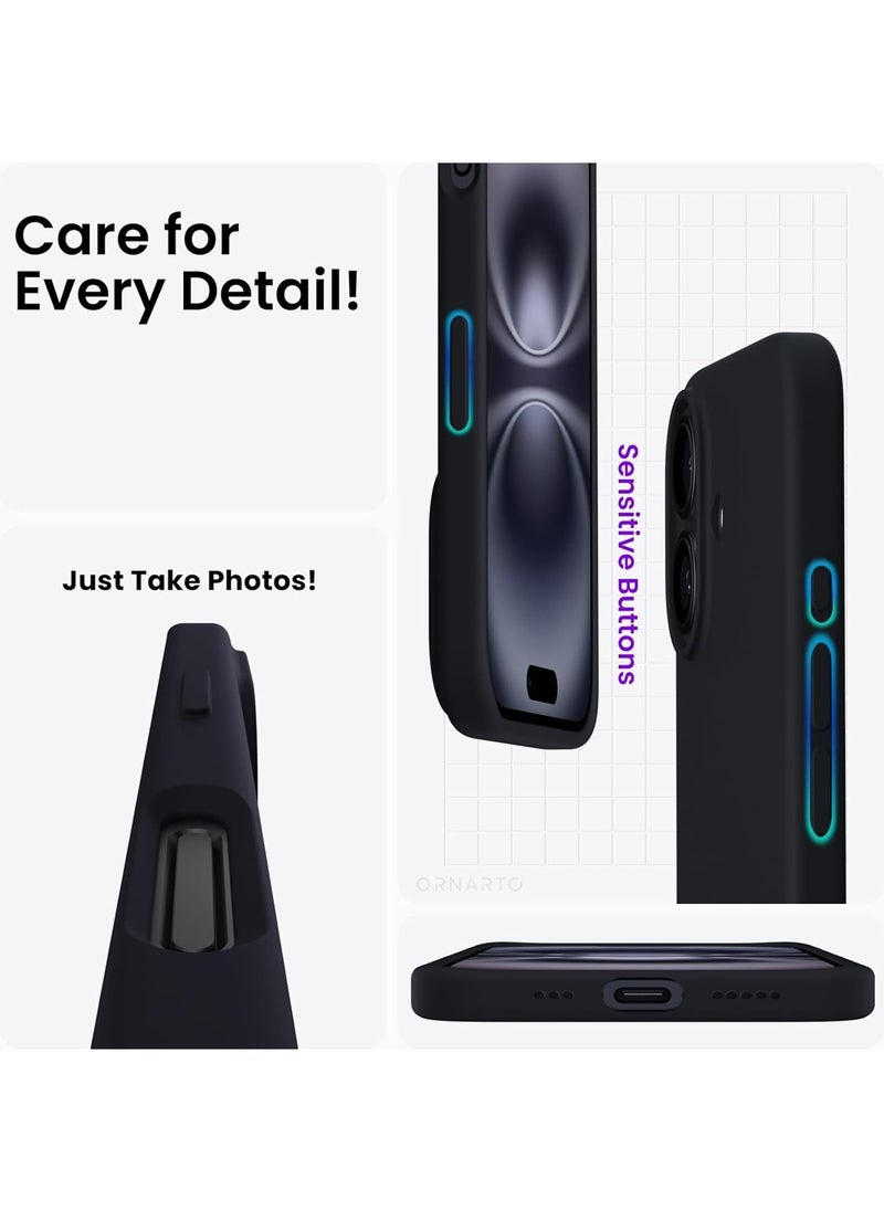 Compatible with iPhone 16 Case 6.1", Slim Liquid Silicone 3 Layers Full Covered Soft Gel Rubber Shockproof Phone Case, Protective Cover with Anti-Scratch Microfiber Lining-Black