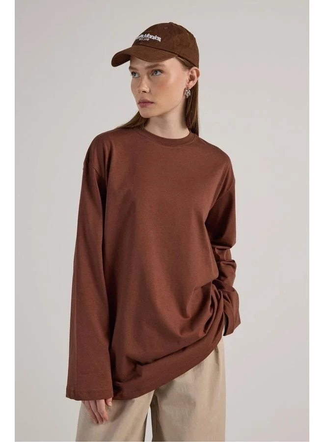mina aise Long Sleeve Oversized Basic T‑shirt Coffee.