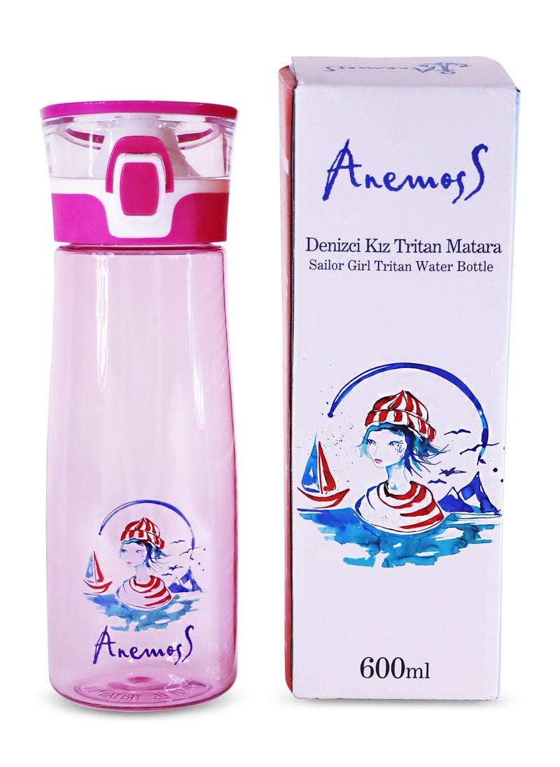 Anemoss Sailor Girl Tritan Water Bottle 600 ml / 20.2 oz, Healthy and Exclusive Design, Multi-functional and Durable Beverage Bottle, Ideal for Sports and Travel, BPA-Free, Pink Color