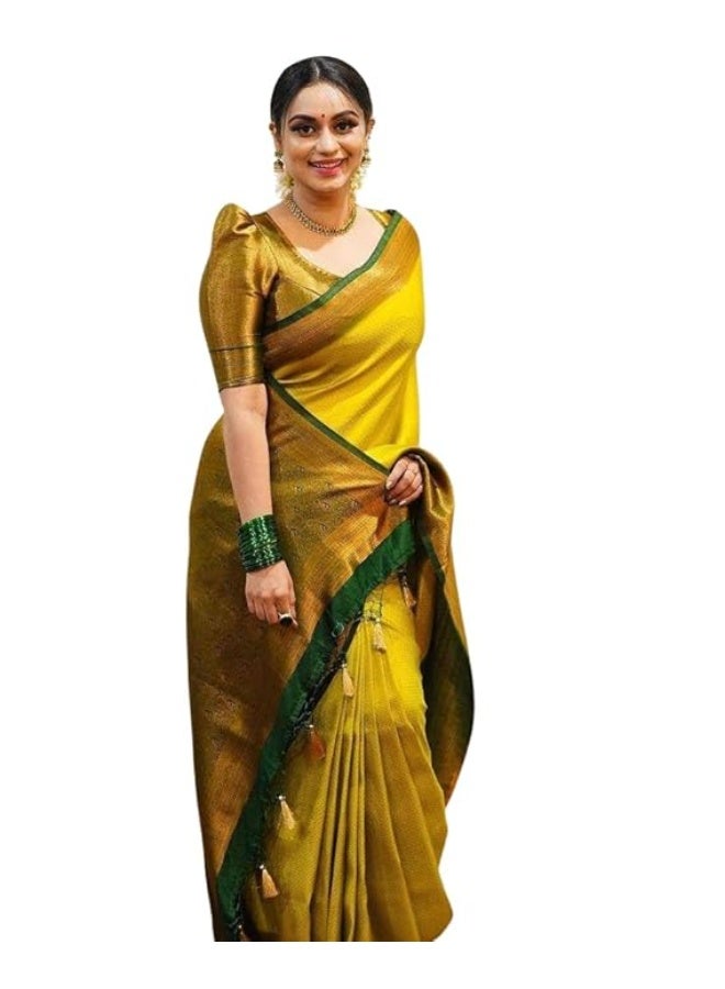 مملكة الإكسسوارات ساري نسائي من حرير كانجيفارام الناعم الخالص لحفلات الزفاف الساري الهندي مع قطعة بلوزة - Image 1