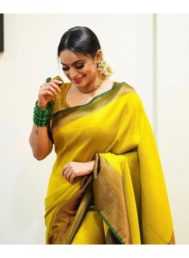 مملكة الإكسسوارات ساري نسائي من حرير كانجيفارام الناعم الخالص لحفلات الزفاف الساري الهندي مع قطعة بلوزة - Image 3