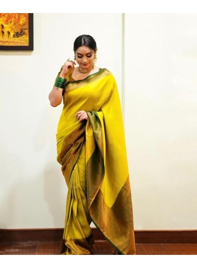 مملكة الإكسسوارات ساري نسائي من حرير كانجيفارام الناعم الخالص لحفلات الزفاف الساري الهندي مع قطعة بلوزة - Image 4