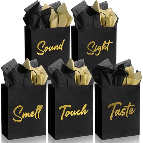 DANIUBE 5 Senses Gift Bags, Sight Smell Touch Taste Sound Hot Stamping Gift Bag with Tissue Paper Ribbon Handle for Him Her Birthday Wedding Anniversary Graduation Party Supplies, (15 PCS) - Image 1