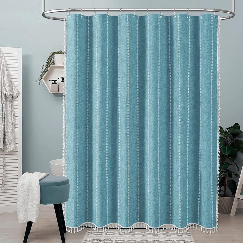 BTTN 78 Inch Long Shower Curtain - Boho Farmhouse Linen Striped Fabric Shower Curtain Set with Tassel  Tall Country Water Repellent Cloth Shower Curtains Set for Bathroom with Hooks  72x78  Teal - Image 1