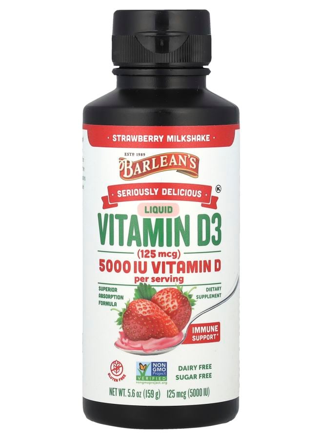 BARLEAN'S Seriously Delicious Liquid Vitamin D3 Strawberry Milkshake 125 mcg (5000 IU) 5.6 oz (159 g)