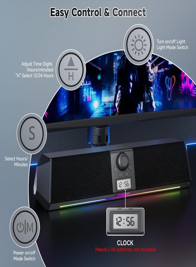 SOULION R80 Bluetooth Computer Speakers, USB Plug & Play PC Speakers with Digital Clock Display, Clear Sound Soundbar with Colorful LED Lights for Desktop Monitor Laptop (USB Adapter Included) - Image 4