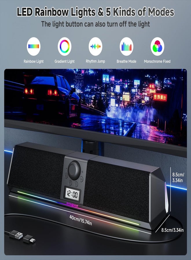 SOULION R80 Bluetooth Computer Speakers, USB Plug & Play PC Speakers with Digital Clock Display, Clear Sound Soundbar with Colorful LED Lights for Desktop Monitor Laptop (USB Adapter Included) - Image 3