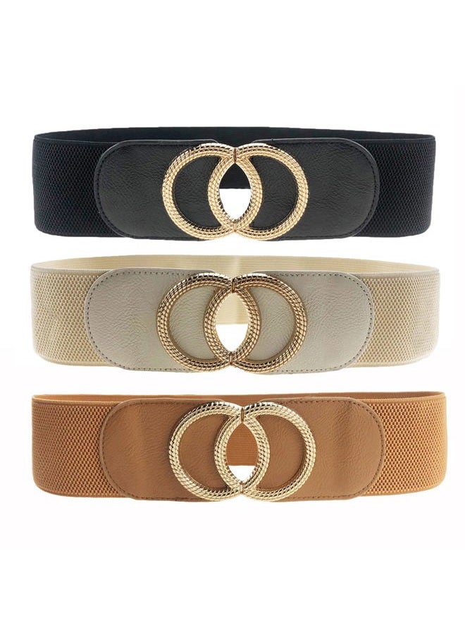 Swtddy 3 Pack Womens Vintage Wide Elastic Stretch Waist Belt For Dresses, Golden O Design Black+beige+camel, Suit For Waist Size 36"-45" - Image 1