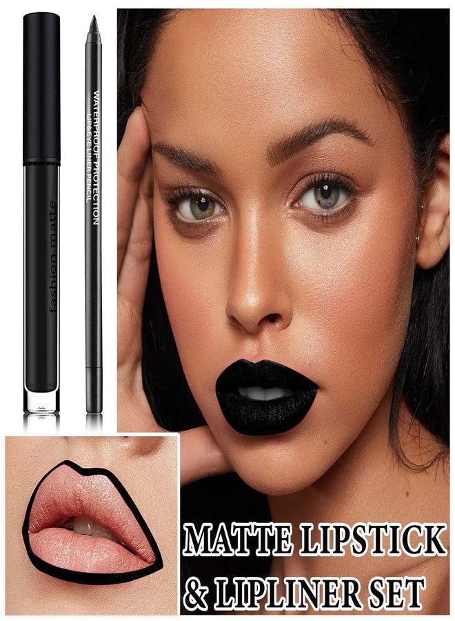 LZYLLS Lip Liner and Lipstick Set, High Pigmented Long Lasting Matte Black Liquid Lipstick, Waterproof Black Lip Gloss & Non-Stick Cup Lipgloss Gothic Halloween Makeup - Image 2