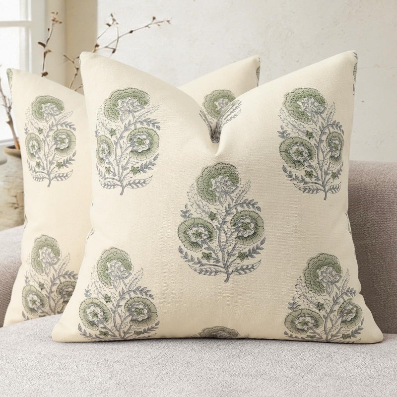 YCOLL Vintage Floral Print Pillow Covers 20x20 Set of 2 Patterned Accent Decorative Cushion Covers Modern Farmhouse Throw Pillow Covers for Sofa Couch Chair Bed Living Room Home Decor, Sage Green - Image 1