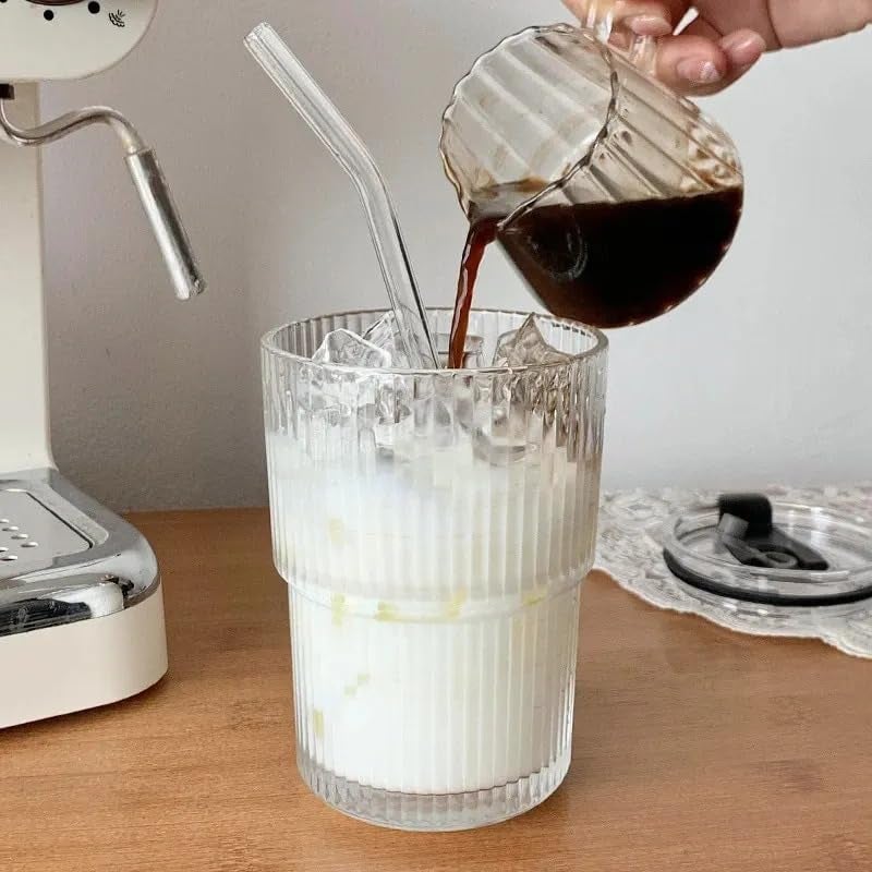 WEZOSHINET 450ml Drink Coffee Glass Cup with Lid and Straw Transparent Bubble Tea Cup Juice Glass Milk Mocha Cup Breakfast Mug Ultimate Glassware Sipper for Home Kids 450ML Stripe Mug 1Pcs - Image 5