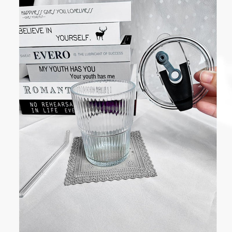 WEZOSHINET 450ml Drink Coffee Glass Cup with Lid and Straw Transparent Bubble Tea Cup Juice Glass Milk Mocha Cup Breakfast Mug Ultimate Glassware Sipper for Home Kids 450ML Stripe Mug 1Pcs - Image 4