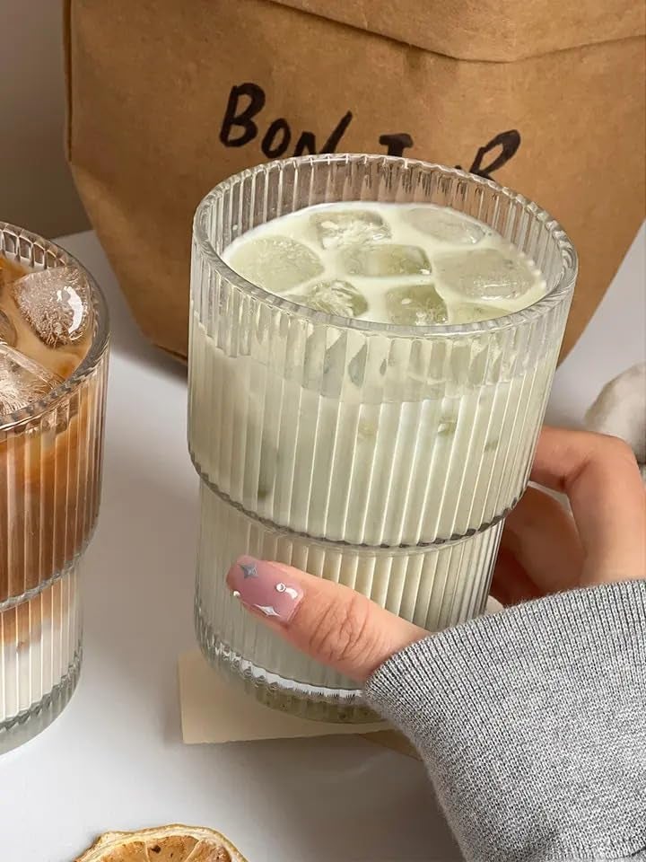 WEZOSHINET 450ml Drink Coffee Glass Cup with Lid and Straw Transparent Bubble Tea Cup Juice Glass Milk Mocha Cup Breakfast Mug Ultimate Glassware Sipper for Home Kids 450ML Stripe Mug 1Pcs - Image 3