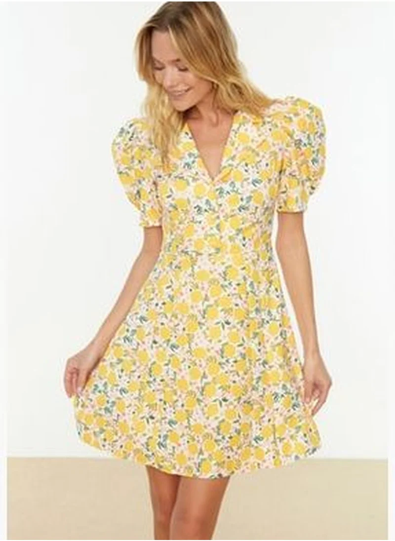 trendyol Yellow Patterned Woven Dress with Balloon Sleeves TWOSS20EL1999