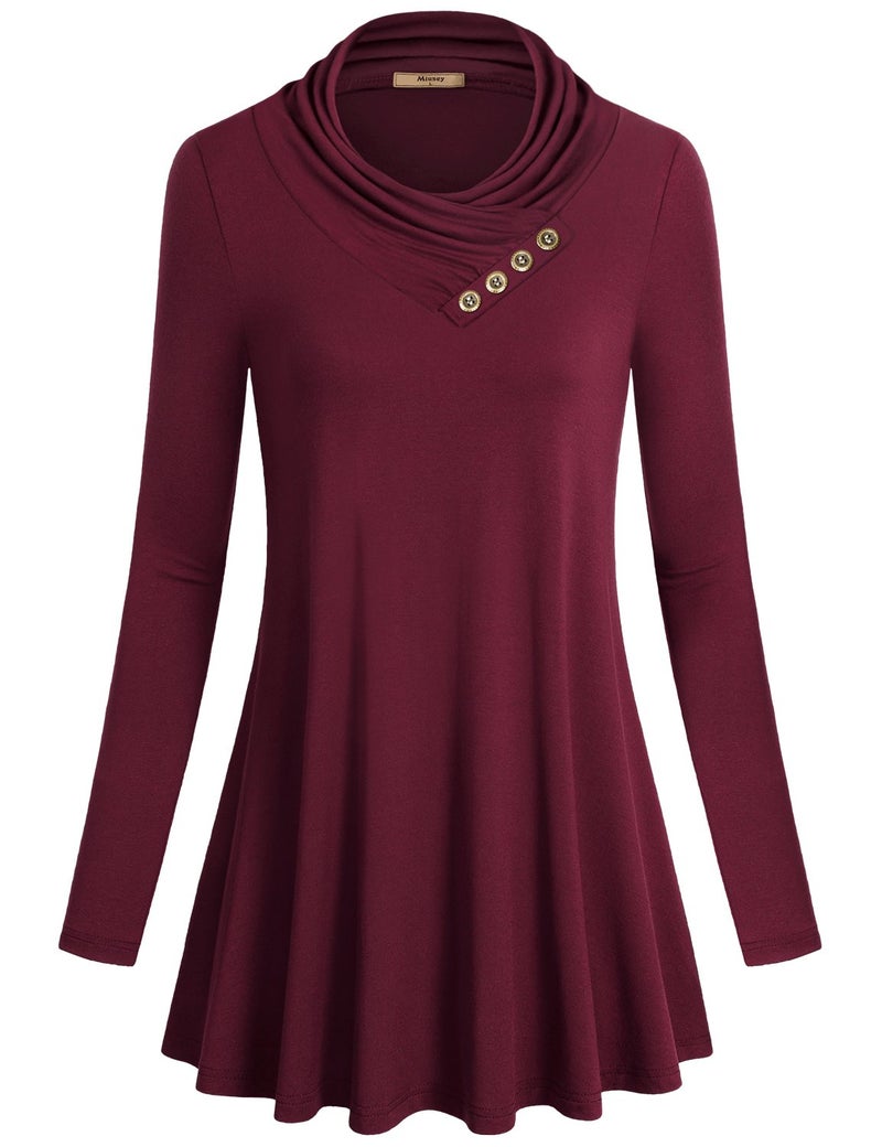 Miusey Womens Tunic Shirts,Long Sleeve Cowl Neck Flared Vintage A Line Loose Fit Shirt Casual Top Wine Red XX-Large - Image 1