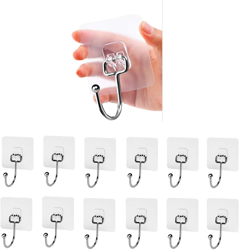 VIHAX Self Adhesive Hooks Waterproof and Rustproof Wall Hooks for Hanging Heavy Duty, Stainless Steel Towel and Coats Hooks to use Inside Kitchen, Bathroom, Home and Office (Coats Hooks, 12pcs) - Image 1