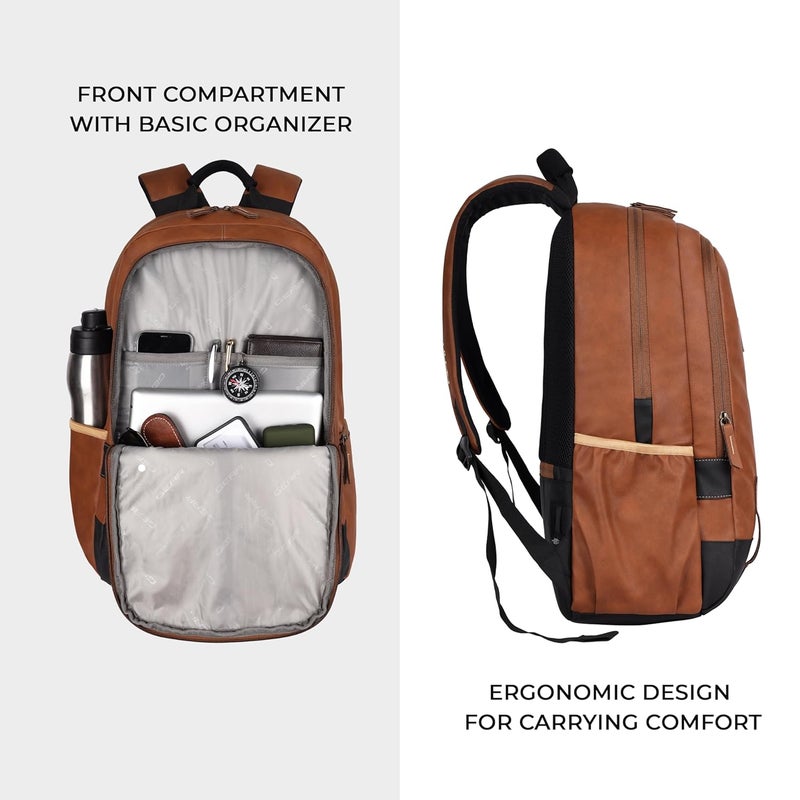 Gear Classic 20L Small Faux Leather Water Resistant Anti Theft 3 Compartment Laptop Backpack/Office Backpack for Men/Women (Tan-Black) - Image 4