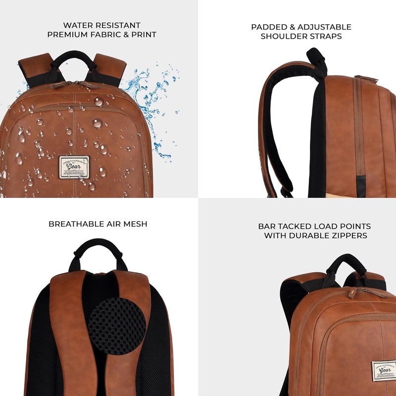 Gear Classic 20L Small Faux Leather Water Resistant Anti Theft 3 Compartment Laptop Backpack/Office Backpack for Men/Women (Tan-Black) - Image 5